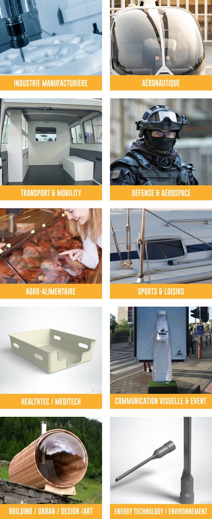 Grille de dix images représentant différents secteurs d’activité. Chaque image est accompagnée d’un titre sur fond orange. De gauche à droite et de haut en bas : industrie manufacturière (machine-outil en fonctionnement), aéronautique (cockpit d’un hélicoptère), défense & aérospace (agent des forces spéciales en équipement), transport & mobility (intérieur aménagé d’un véhicule), healthtec / meditech (pièce médicale en plastique), agro-alimentaire (personne choisissant de la viande en vitrine), sports & loisirs (cordages sur un bateau), communication visuelle & event (panneau publicitaire avec bouteille d’eau), building / urban / design / art (structure en bois en forme de tunnel), energy technology / environnement (composant technique de forme allongée).